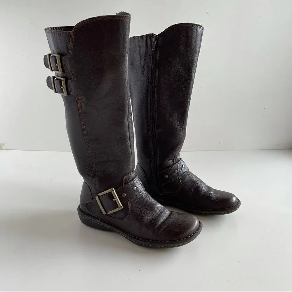boc 6 Brown Leather Oliver Mid Calf Riding Full Zip Up Buckle Boots gold b.o.c.